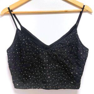 Zara Womens Black Top Camisole XS Beaded Cropped Sleeveless Strap Chiffon